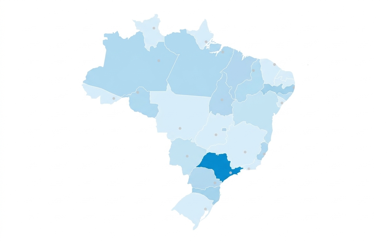 Mapa estilizado do Brasil em tons de azul claro, com o estado de São Paulo destacado em azul (#0d8fd6) e alguns pontos pequenos em outras regiões em tom neutro. Sem nomes, fundo claro e limpo.